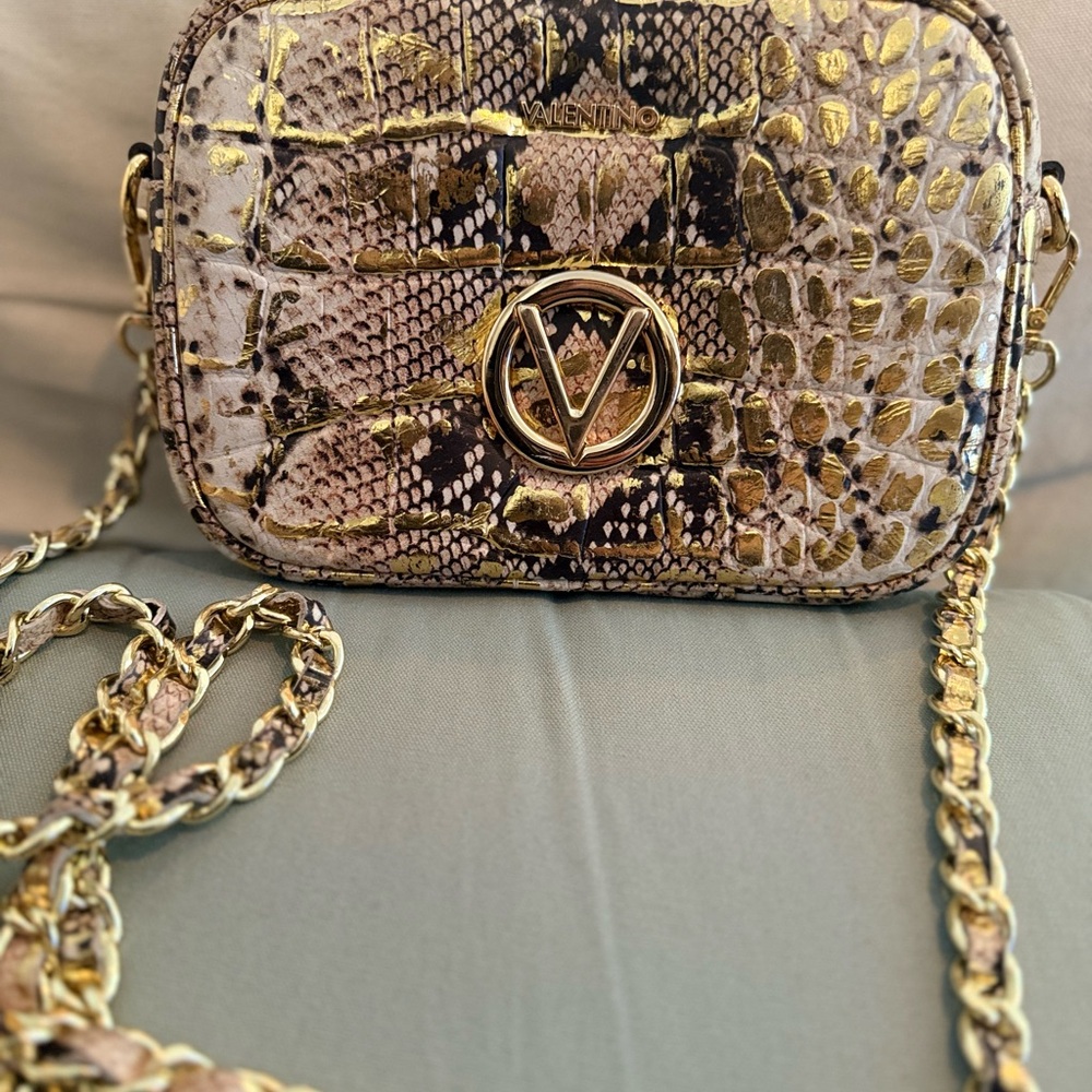Valentino Gold and Brown Snake Print Crossbody Bag